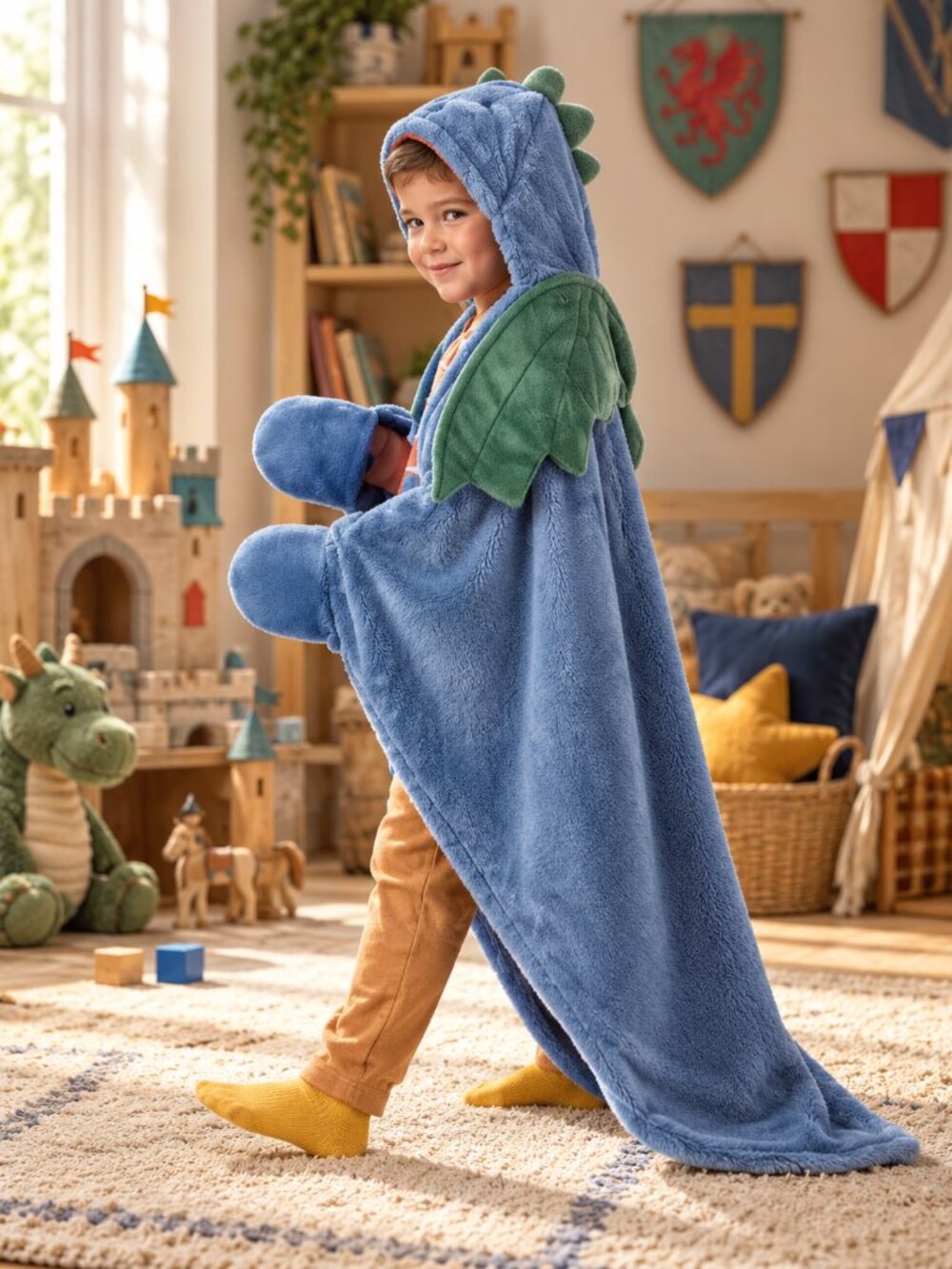 Pillowfort Kids Blue Dragon Hooded Blanket Wearable Throw Built In Mitts NWT